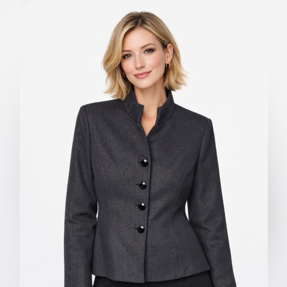 Evan-Picone Womens Blazer Jacket Size 10 Black Textured Dot Mandarin